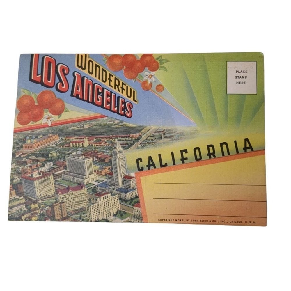 Vintage Postcard Fold Out Los Angeles California 1940s‎ Unposted Color